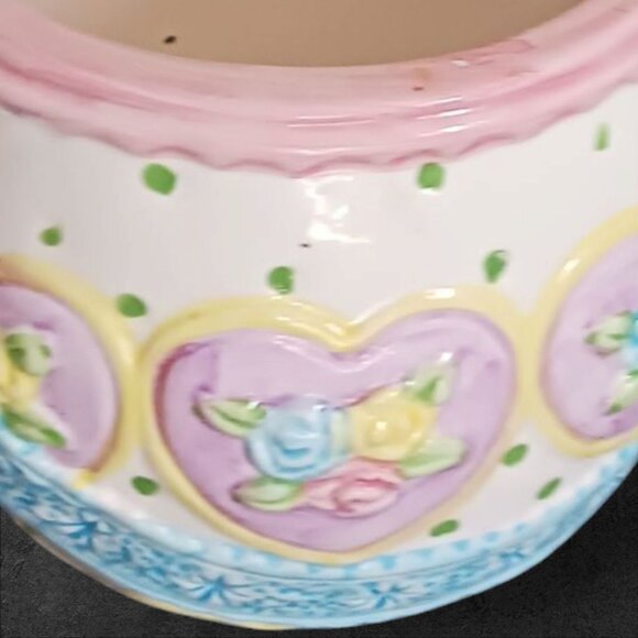 Ceramic Bunny Cookie Jar With Floral & Heart Details Pastel Colors Spring/Easter - Picture 2 of 6